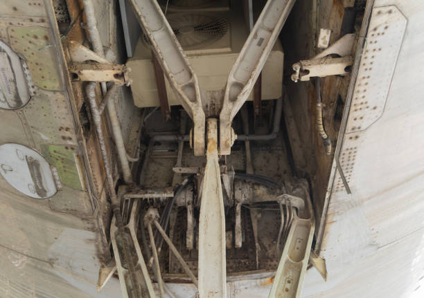 istock Old aircraft, airplane undercarriage. Energy battery storage. Engine machine gear power. 1335282227