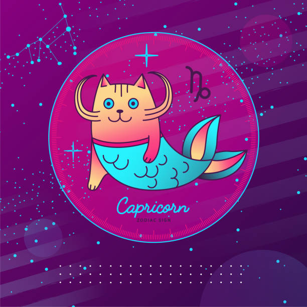 Modern magic witchcraft card with astrology Capricorn zodiac sign. Cartoon zodiac sign. Funny cat Modern magic witchcraft card with astrology Capricorn zodiac sign. Cartoon zodiac sign. Funny cat cosmos of the stars of the constellation capricorn and gems stock illustrations