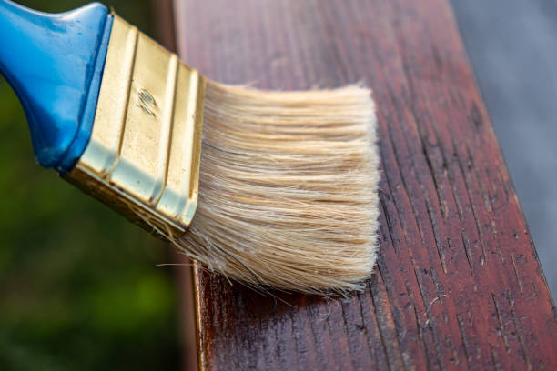 istock Paintbrush in hand applying protective coat on the wooden surface 1335282705