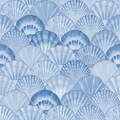 Watercolor sea shell japanese waves seamless pattern. Hand drawn seashells texture vintage ocean background. Watercolour marine illustration. Print for wallpaper, fabric, textile, cover, wrapping.