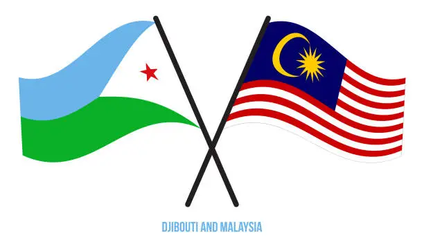 Vector illustration of Djibouti and Malaysia Flags Crossed And Waving Flat Style. Official Proportion. Correct Colors.