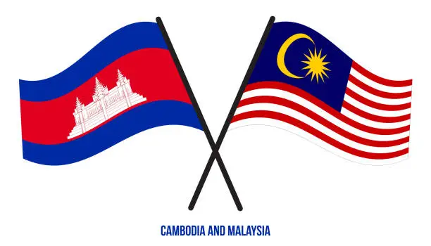 Vector illustration of Cambodia and Malaysia Flags Crossed And Waving Flat Style. Official Proportion. Correct Colors.