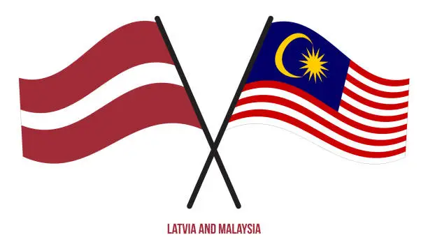 Vector illustration of Latvia and Malaysia Flags Crossed And Waving Flat Style. Official Proportion. Correct Colors.