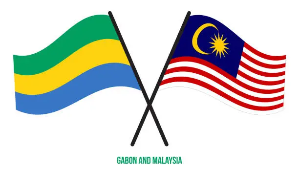 Vector illustration of Gabon and Malaysia Flags Crossed And Waving Flat Style. Official Proportion. Correct Colors.