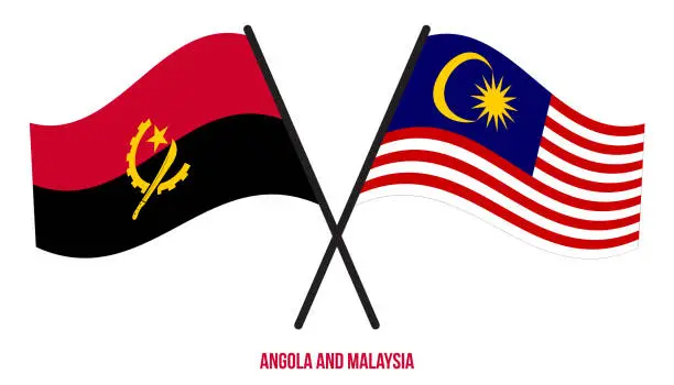 Vector illustration of Angola and Malaysia Flags Crossed And Waving Flat Style. Official Proportion. Correct Colors.