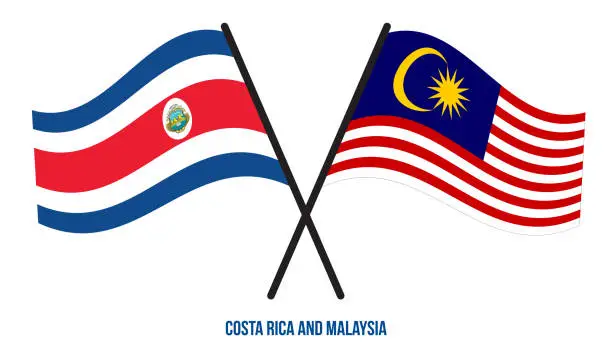 Vector illustration of Costa Rica and Malaysia Flags Crossed And Waving Flat Style. Official Proportion. Correct Colors.