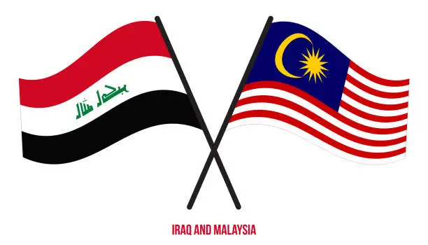 Vector illustration of Iraq and Malaysia Flags Crossed And Waving Flat Style. Official Proportion. Correct Colors.