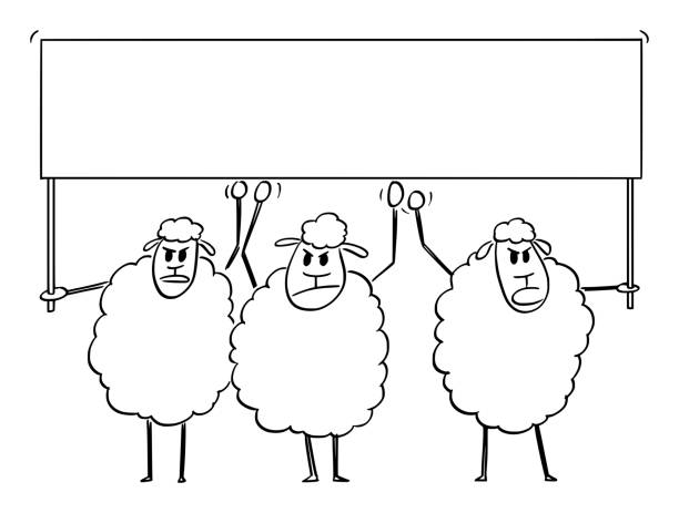 Crowd of Sheep Holding Empty Sign, Vector Cartoon Illustration Crowd of sheep holding empty or blank sign, vector cartoon character illustration. meek as a lamb stock illustrations