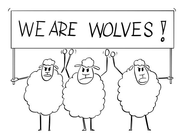 Crowd of Sheep Holding We Are Wolves Sign, Vector Cartoon Illustration Crowd of sheep holding we are wolves sign, vector cartoon character illustration. meek as a lamb stock illustrations