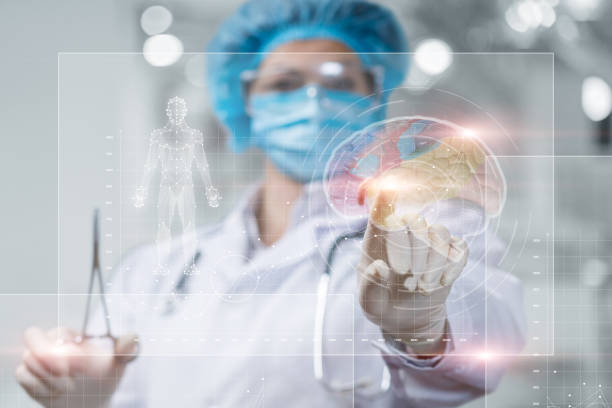 istock Doctor clicks into the brain research interface on the virtual screen. 1335288903