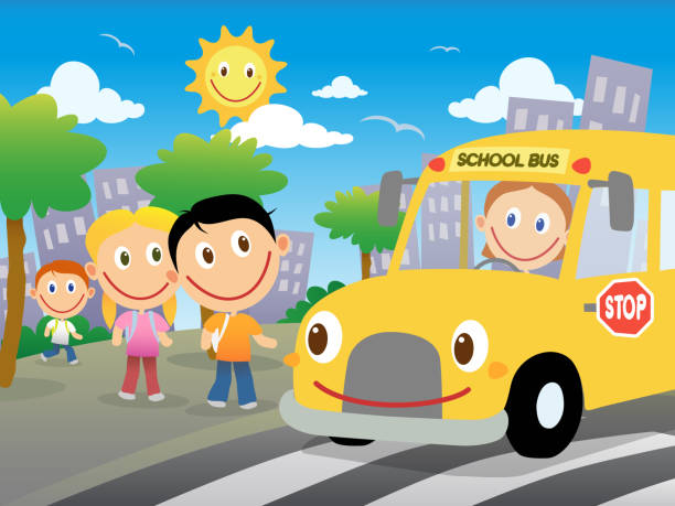 Happy Children Are Going To Catch The School Bus Vector Cartoon  Illustration Stock Illustration - Download Image Now - iStock