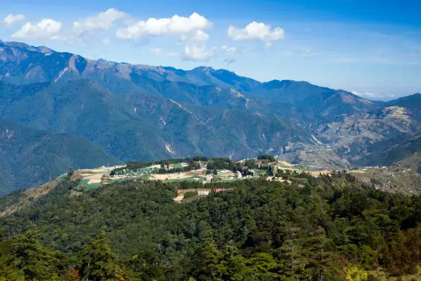 Panoramic view of Fushoushan Farm with layers of magnificent mountains background in Taichung, Taiwan.