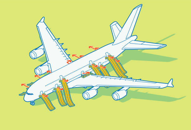 ilustraciones, imágenes clip art, dibujos animados e iconos de stock de salidas de emergencia - tierra - airbus a380