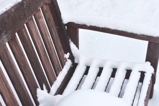 Freshly fallen snow on wooden bench seat,  but not the vertical back.
