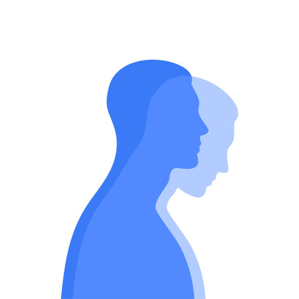 ilustrações, clipart, desenhos animados e ícones de silhueta masculina azul em perfil com uma projeção translúcida. conceito de saúde mental. dualidade e emoções ocultas. - human head silhouette side view men