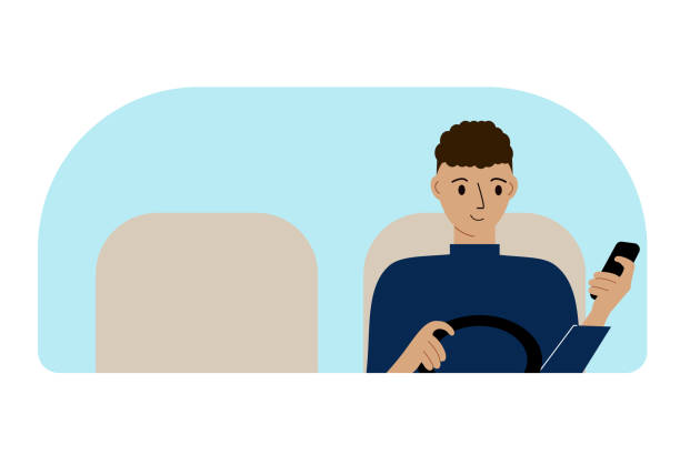 ilustrações, clipart, desenhos animados e ícones de ilustração de um homem com uma mão controla um carro e um celular na outra mão - driving mobile phone car talking