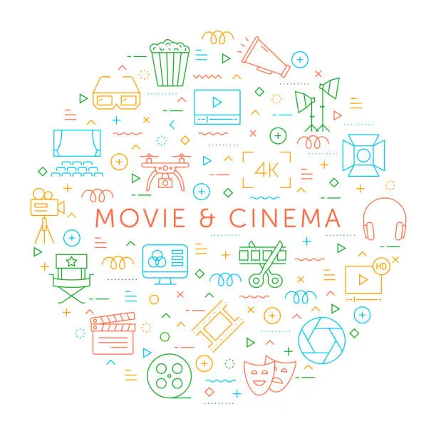 Vector illustration of Design Element of Cinema and Movie. Pattern Design with Outline Icons. Colorful Vector Illustration