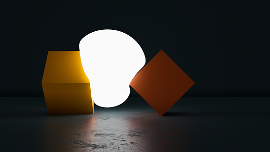 Glowing sphere crushed between cubes