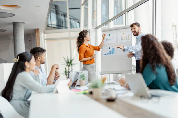 istock Business Team Using a Whiteboard During a Meeting 1335296704