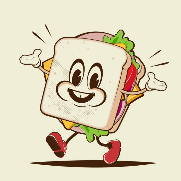 illustrazioni stock, clip art, cartoni animati e icone di tendenza di divertente illustrazione cartone animato sandwich in stile retrò - panino