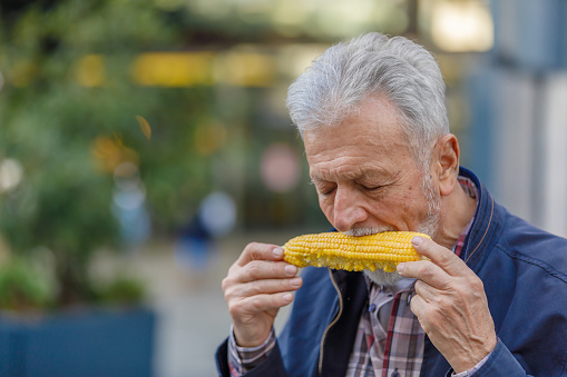 Senior Man is Walking Through the City Streets and Eating a Baked Corn During an Autumn Afternoon.