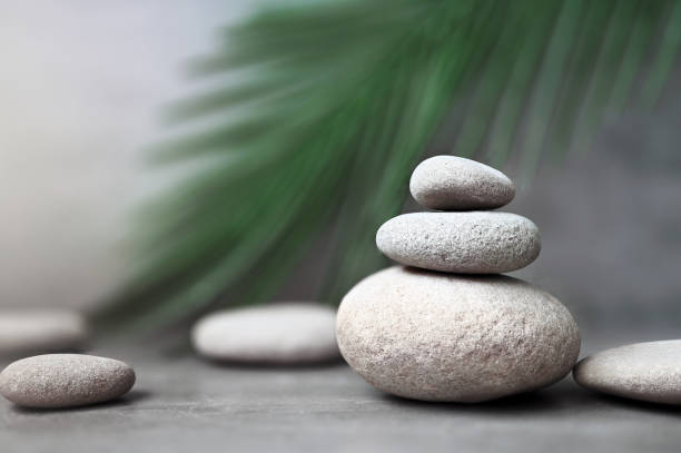 istock Spa stones with palm branch on grey background. 1335309086