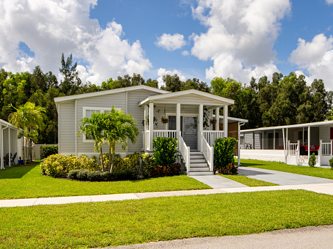 Boynton Beach, FL, USA - August 12, 2021: Mobile home neighborhood Boynton Beach Florida USA retirement community