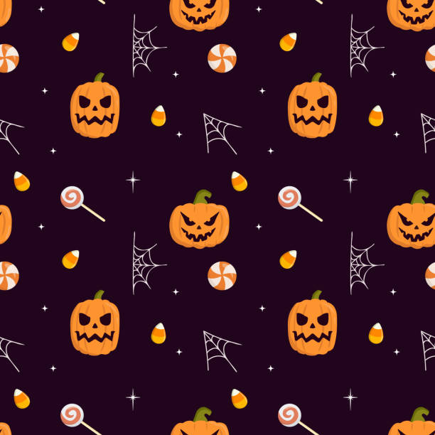 ilustrações, clipart, desenhos animados e ícones de vetor padrão de halloween perfeito com abóbora, doces, teia de aranha isolada no fundo roxo. perfeito para tecido, embalagem, têxtil, papel de parede, roupas, cartões de boas-vindas. fundo de halloween - spider web halloween corn pumpkin