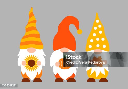 istock Autumn gnomes. Fall decorations. Cute cartoon characters. Vector template for banner, poster, greeting card, t-shirt, etc 1335317271