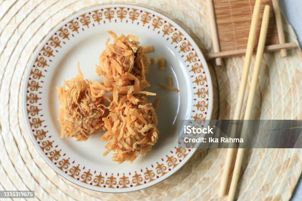Udang Rambutan Crispy Dimsum With Shrimp Coating With Noodle Depp Fried Served With Sauce Stock Photo - Download Image Now