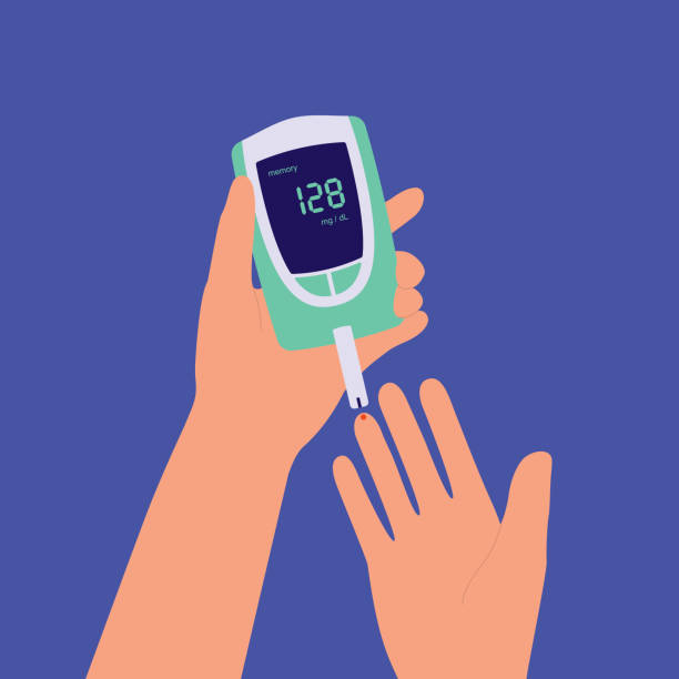 a person using glucometer to check blood sugar level. - glükomere stock illustrations