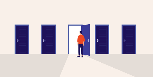 Young Man Standing In Front Of A Door With Light Shines Through The Doorway. Full Length, Isolated On Plain Color Background. Vector, Illustration, Flat Design, Character.