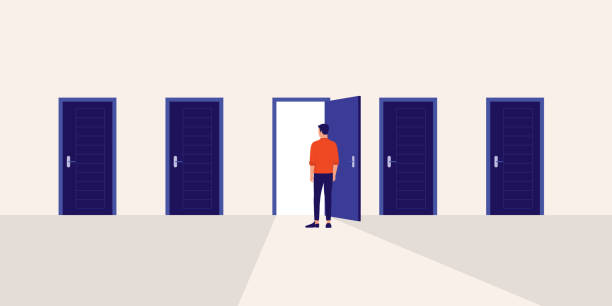 Choices Make In Life Is Like A Door Opening Concept. Young Man Standing In Front Of A Door With Light Shines Through The Doorway. Full Length, Isolated On Plain Color Background. Vector, Illustration, Flat Design, Character. cartoon of conclusion stock illustrations