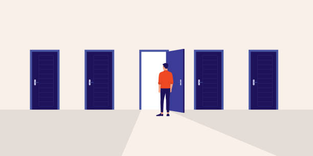 Choices Make In Life Is Like A Door Opening Concept. Young Man Standing In Front Of A Door With Light Shines Through The Doorway. Full Length, Isolated On Plain Color Background. Vector, Illustration, Flat Design, Character. the chosen one stock illustrations