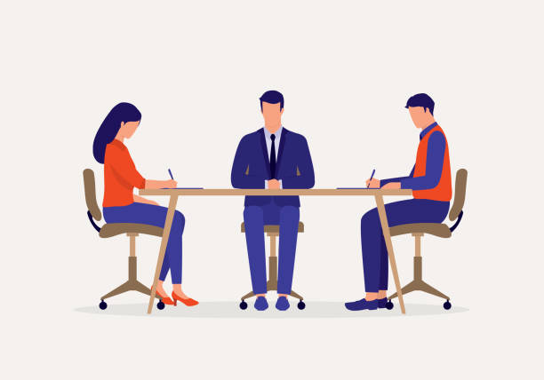 Couple Getting Divorced At Lawyer Office. Divorce Settlement. Divorcing Couple Signing Decree Papers At Law Firm. Full Length, Isolated On Plain Color Background. Vector, Illustration, Flat Design, Character. divorce papers stock illustrations