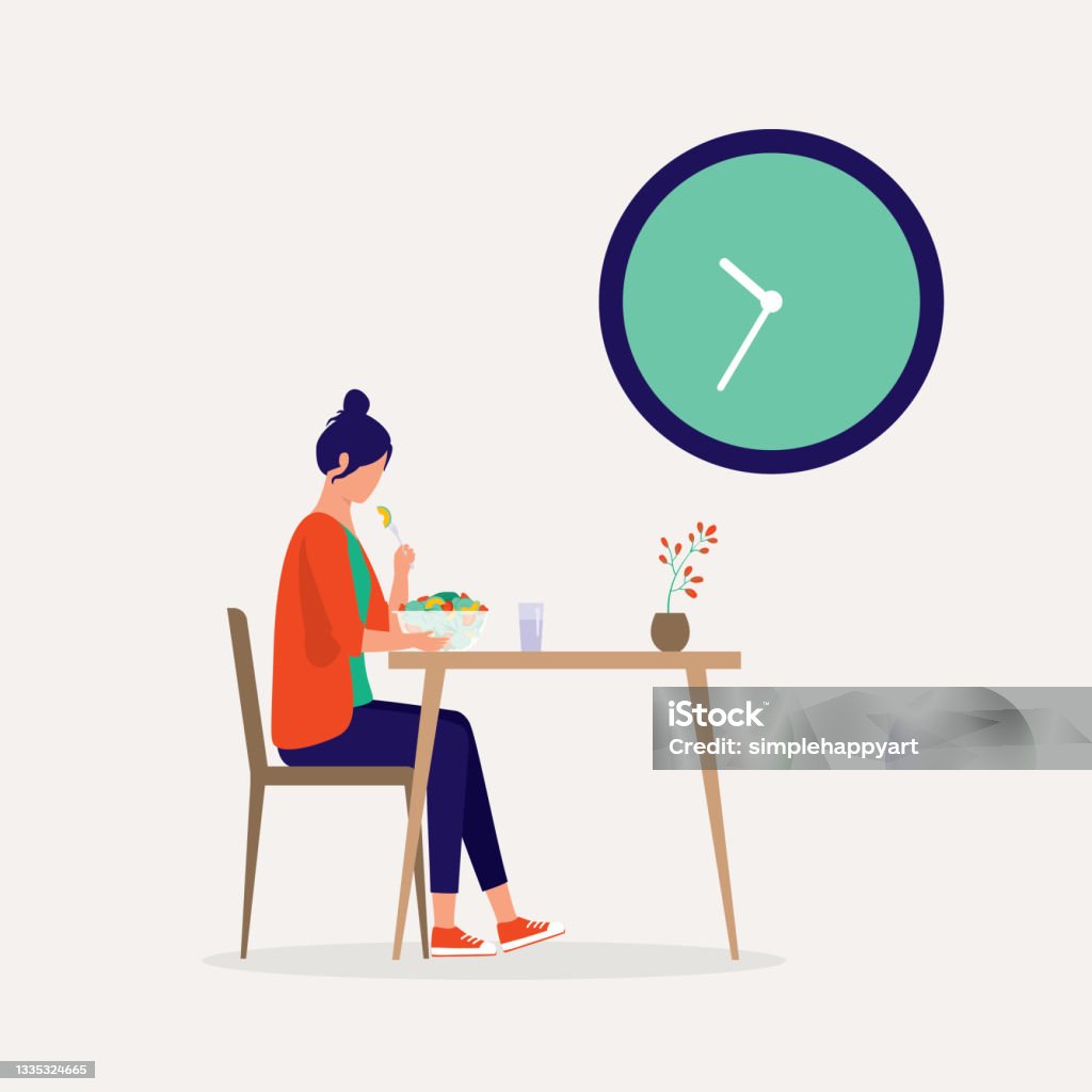 Woman Eating Salad After Fasting. Intermittent Fasting. - Royalty-free Yemek yemek Vector Art