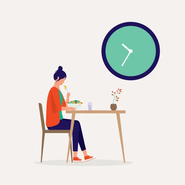 Vector illustration of Woman Eating Salad After Fasting. Intermittent Fasting.