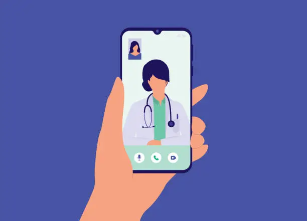 Vector illustration of Patient Having Video Call With Female Doctor Online Using Mobile Phone. Telemedicine. Telehealth.