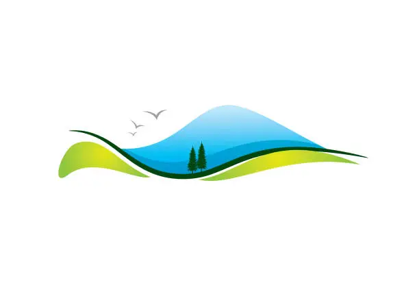 Vector illustration of blue mountain hills meadow and river natural landscape scenery with birds