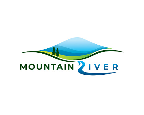 blue mountain hills meadow and river natural landscape scenery as wordmark letter R