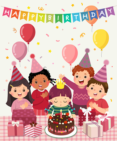 Vector illustration cartoon of happy group of children having fun at birthday party. Little girl blowing out candle on birthday cake.