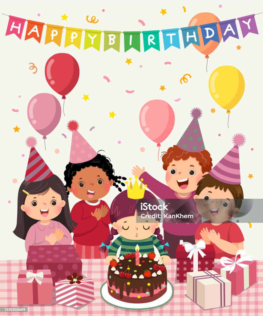 Vector Illustration Cartoon Of Happy Group Of Children Having Fun At  Birthday Party Little Girl Blowing Out Candle On Birthday Cake Stock  Illustration - Download Image Now - iStock