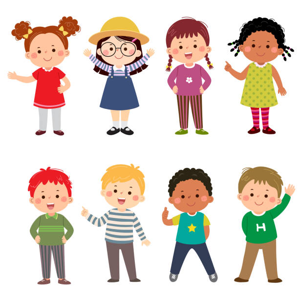 ilustraciones, imágenes clip art, dibujos animados e iconos de stock de colección de dibujos animados para niños felices. niños multiculturales en diferentes posiciones aislados sobre fondo blanco. - little girls