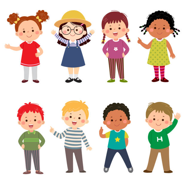 Happy kids cartoon collection. Multicultural children in different positions isolated on white background. vector art illustration