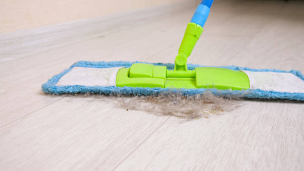 istock Cleaning wooden floor from hair with soft mop in light room 1335342425
