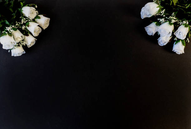 istock Flat Lay, postcard for death, funeral. White roses on a black background 1335345251