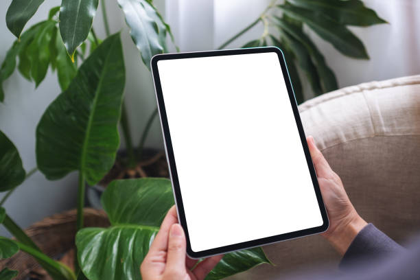 Mockup image of a woman holding digital tablet with blank white desktop screen at home stock photo
