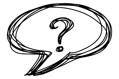 Black color line drawing in question mark with speech bubble shape on white board background