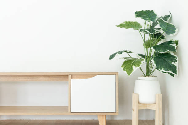 istock Minimal living room interior white table against white wall, Aesthetic minimal interior modern living room with tree. 1335352691