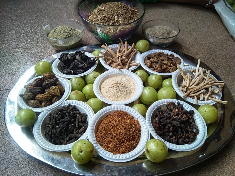 A plate containing ayurvedic medicinal dry herbs, collected for making medicinal formulation. Martynia annua, terminalia chebula, Asparagus racemose, Withania somnifera, Piper lingum, Musea ferea. Collected to make chyavanprash, a health tonic.